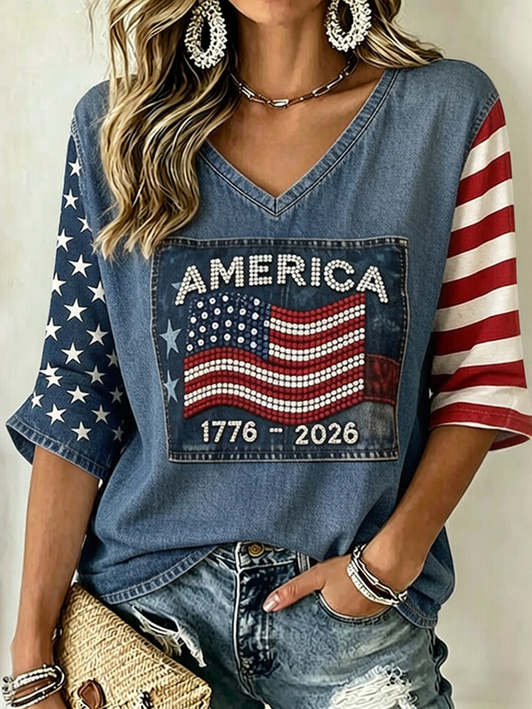 Retro Independence Day Flag Art Three-quarter Sleeve V Neck Linen Tops