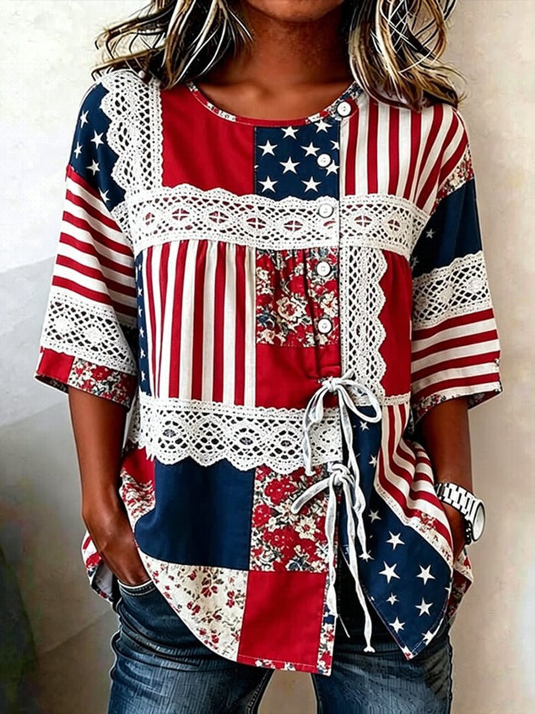 Independence Day Flag & Floral Pattern Tie-front Shirt