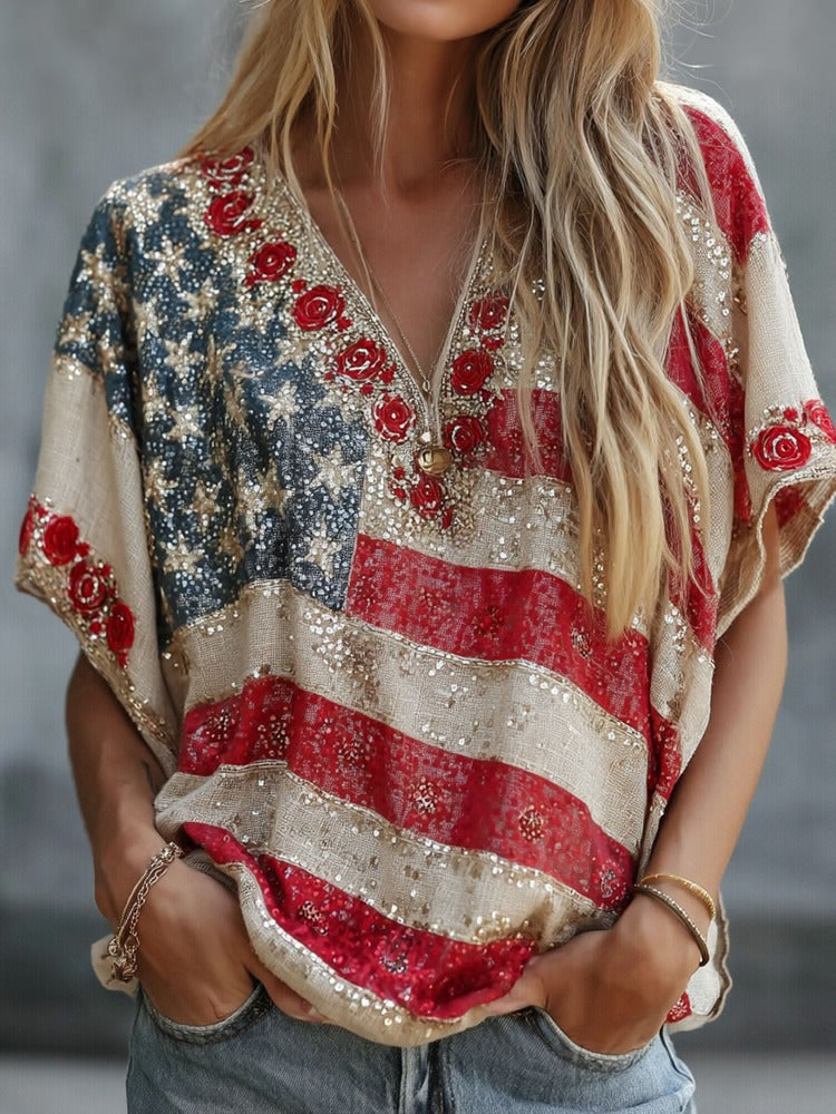 Floral Flag Embroidered Print V-neck Linen T-shirt