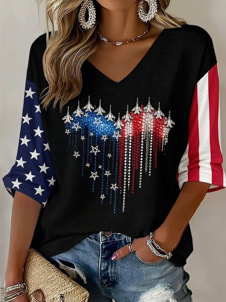 Retro Flag Art V Neck Linen Tops