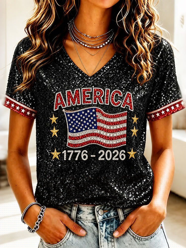 American Anniversary Sequins Print Casual T-shirt