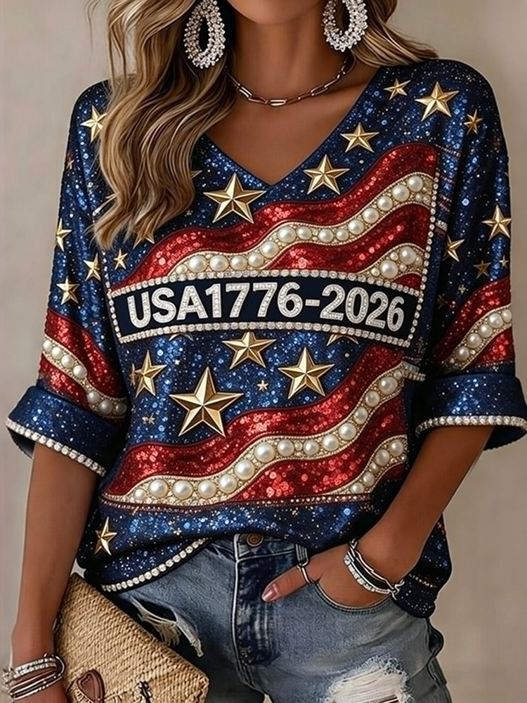 Usa Anniversary Sequins Printing Casual T-shirt