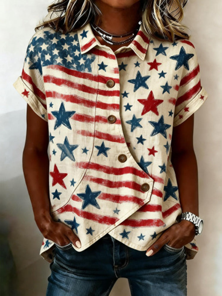 Retro Star Flag Art Irregular Shirt