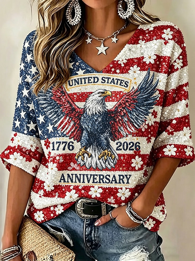 Vintage American Flag Eagle Glitter Art V Neck T Shirt