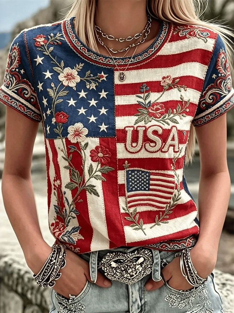 Vintage Anniversary Flag Flower Art Print Linen Blend Casual T-shirt