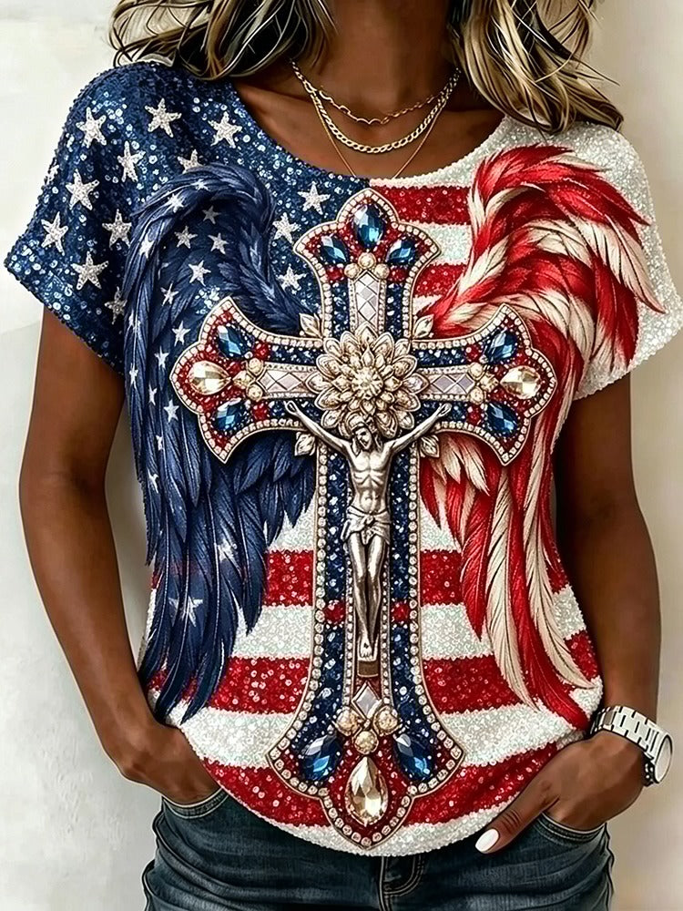 Independence Day Wings Cross Glitter Art Casual T Shirt