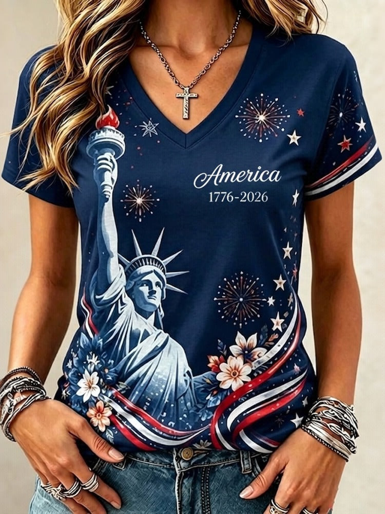 Independence Day Print V-neck Short Sleeve T-shirt
