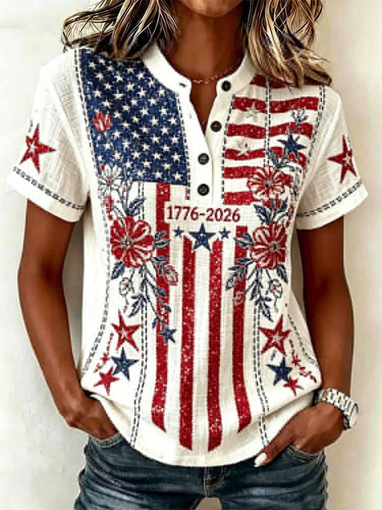 Retro Floral Flag Embroidered Print Linen T-shirt