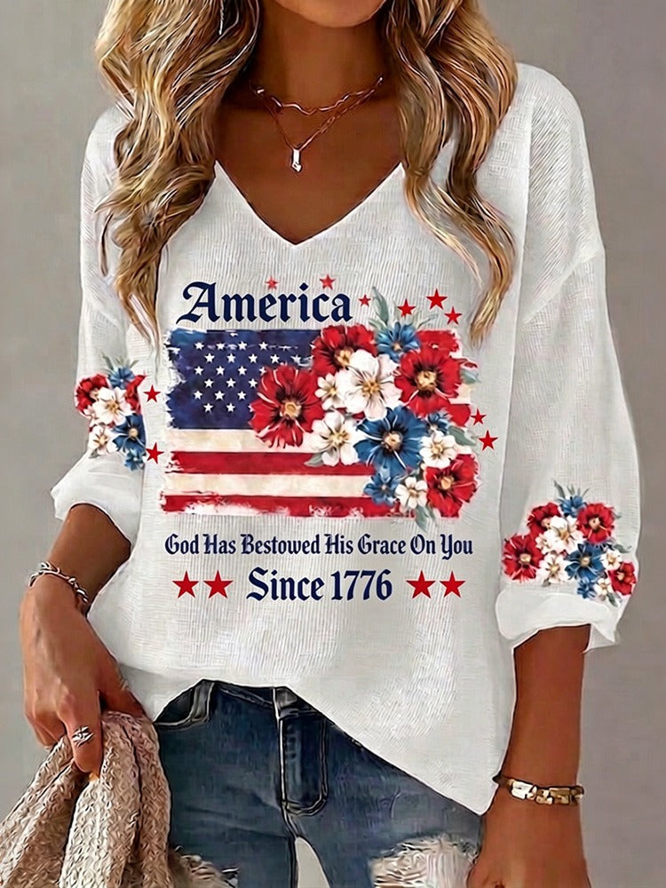 Anniversary National Flag Floral Print Waffle Long Sleeve T-shirt
