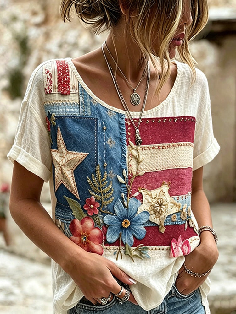 Vintage Floral Patchwork Art Print Linen Blend T-shirt