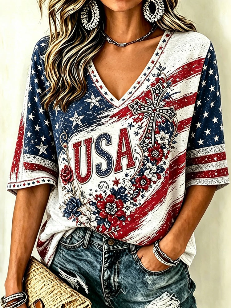 Retro Independence Day Art Three-quarter Sleeve Casual Linen Tops