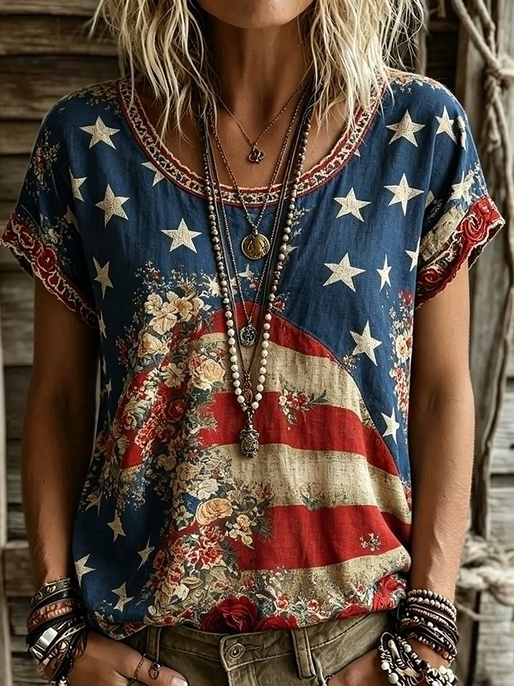 Usa Inspired Floral Linen Blend T-shirt