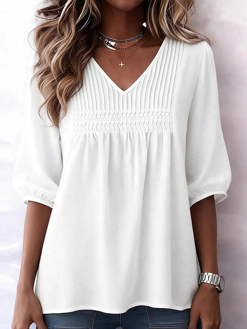 Classic V-Neck Plain White 3/4 Sleeve Top