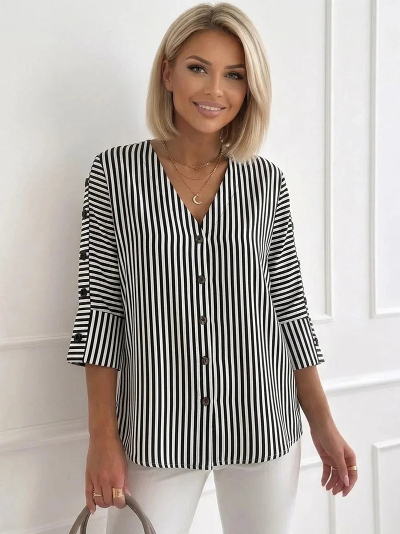 V-Neck Black and White Striped 3/4 Sleeve Blouse