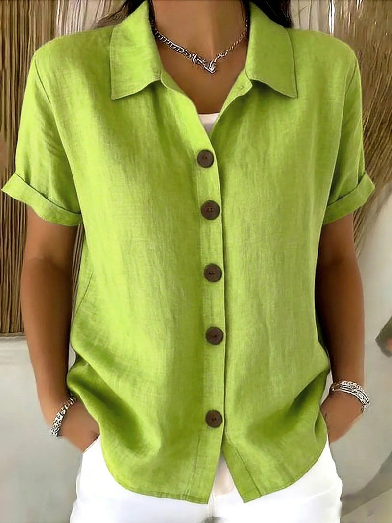 Casual Basic Button Up Linen Cotton Short Sleeve Shirt