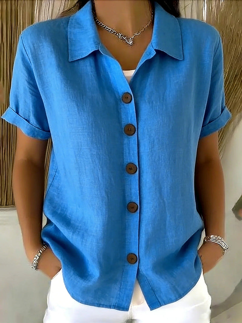 Casual Basic Button Up Linen Cotton Short Sleeve Shirt