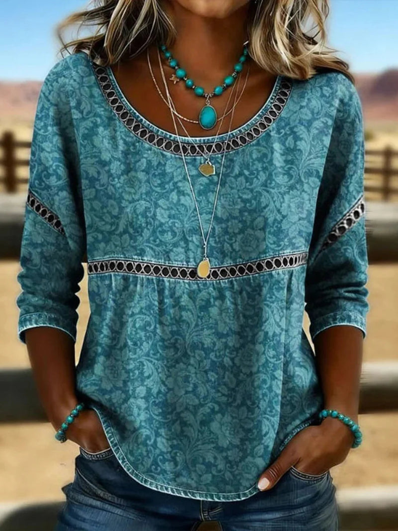 Round Neck 3/4 Sleeve Vintage Casual Blouse