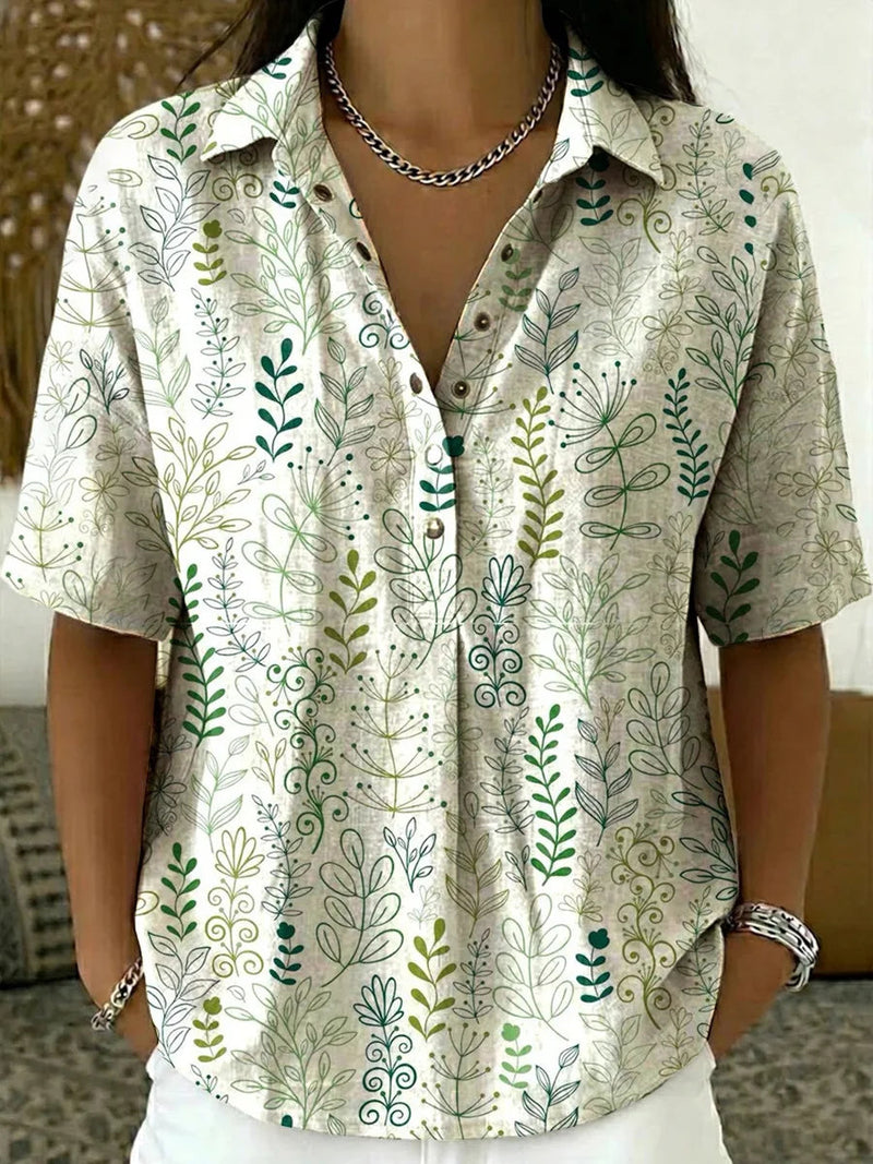 Casual Polo Collar Short-sleeve Floral Print Shirt