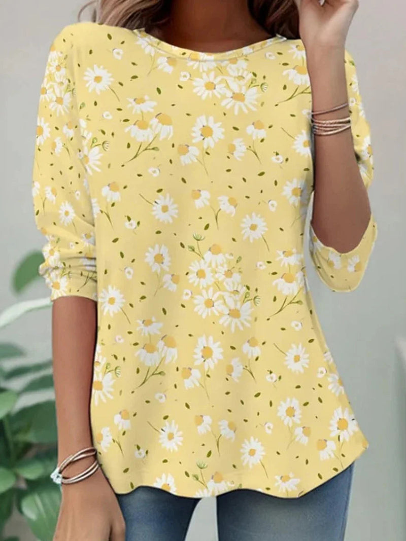Round Neck Long Sleeve Vintage Floral Print T-Shirt