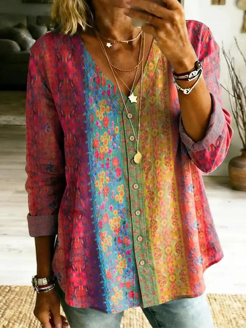 V-neck Long Sleeve Stunning Colorful Boho Print Top