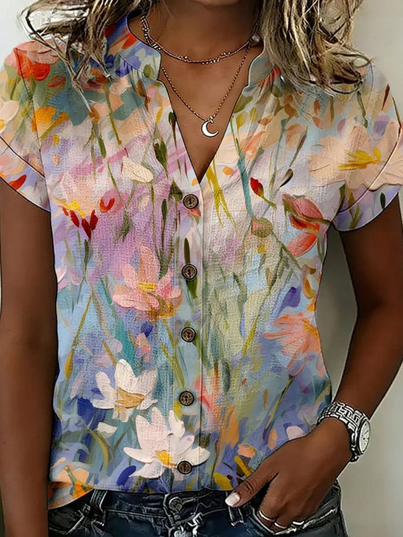 V-neck Short Sleeve Chic Watercolor Floral Print Top