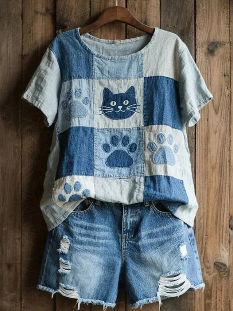 Vintage Round Neck Short Sleeve Cat Print T-Shirt
