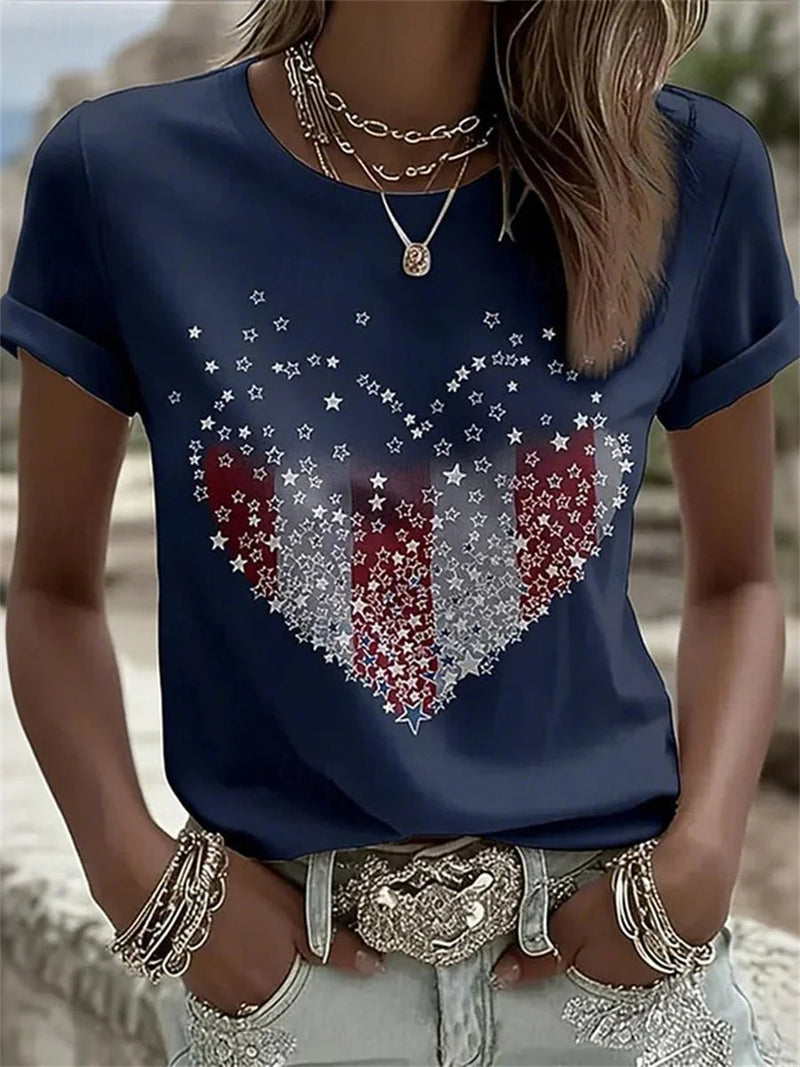 Retro American 250th Anniversary Patriotic Print Round Neck Short Sleeve T-shirt