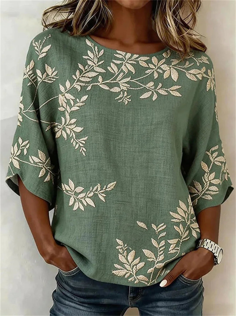 Vintage Leaf Print Round Neck Half Sleeve Blouse