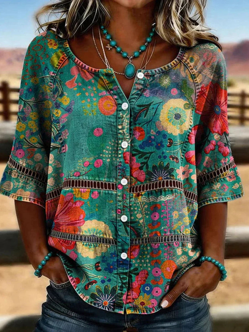 Floral Print 3/4 Sleeve Vintage Blouse