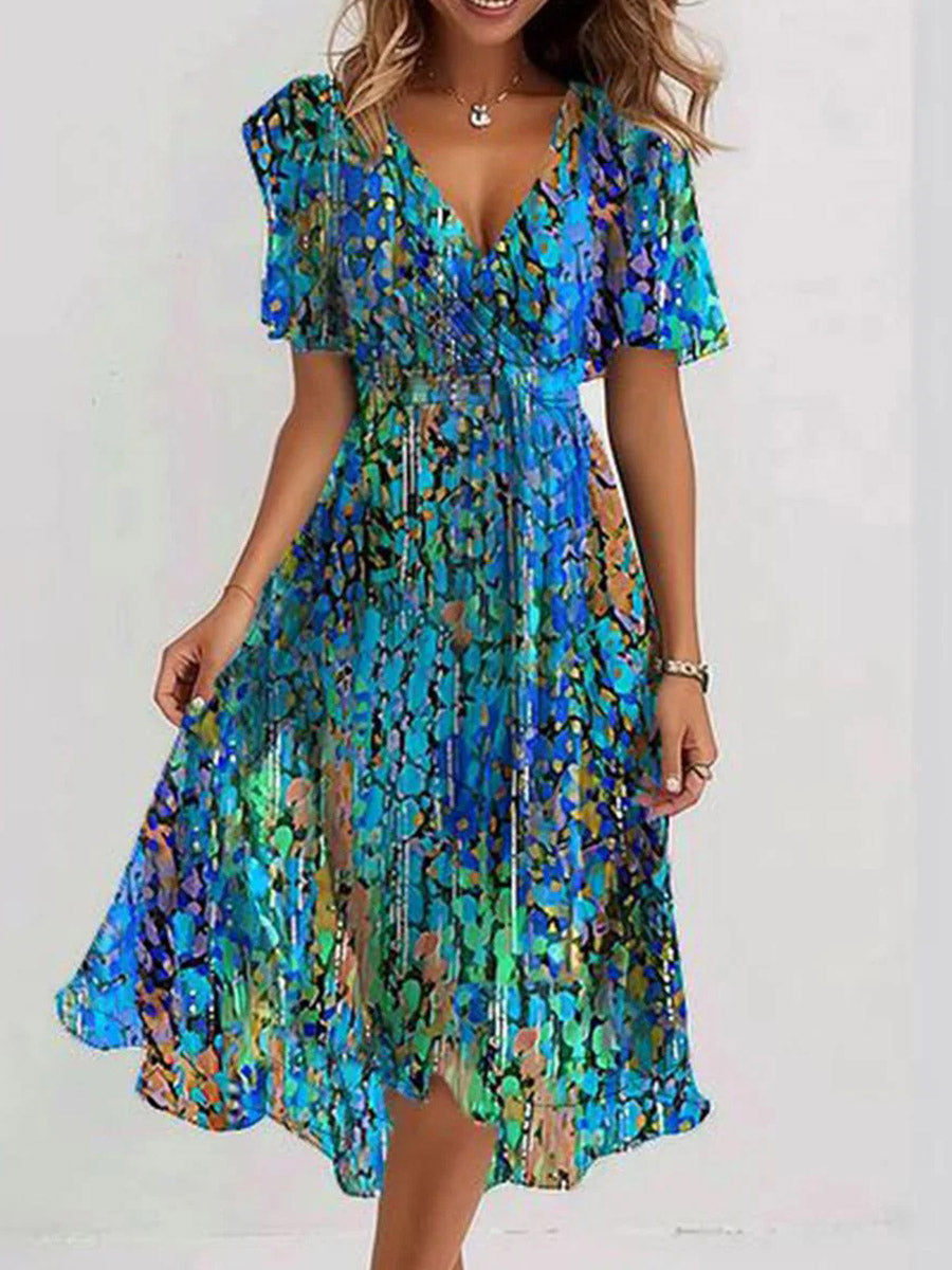 flowy short sleeve dress Blue Printed V-Neck Midi for Women – Curvemod demetra-coachella Green Race Day Dress Boyut:42 WASH CARE