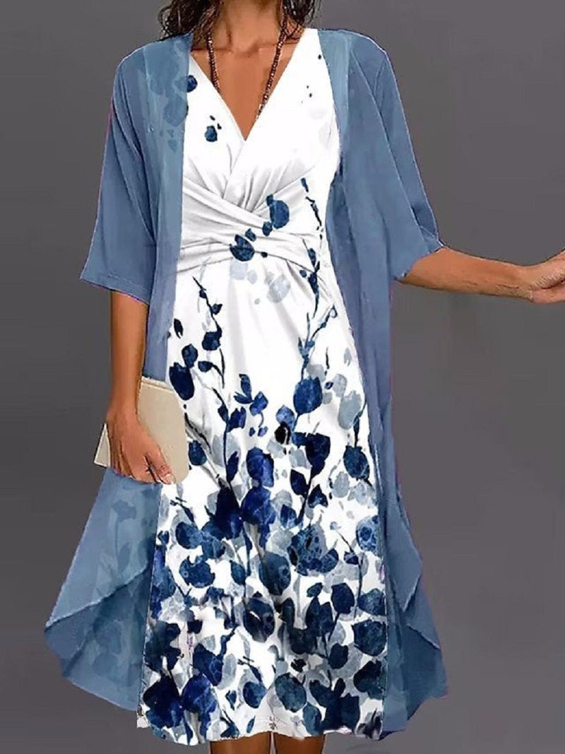 Floral V-Neck Midi Dress with Chiffon Front-Open Cardigan