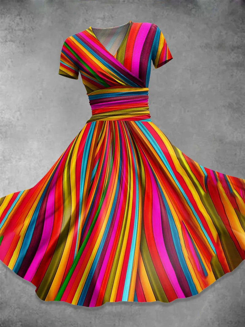 Rainbow Striped V-Neck Short Sleeve Casual Midi Dress