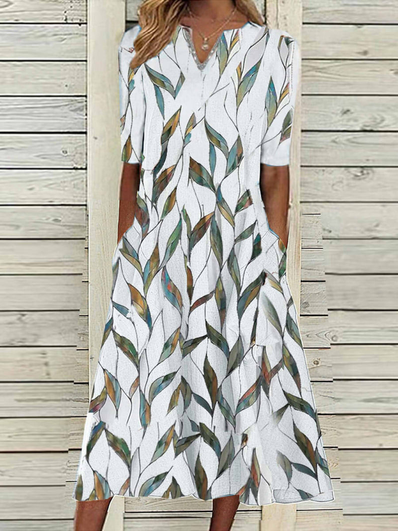 Leaf Print V-Neck Half Sleeve Midi Dress with Pockets for Women