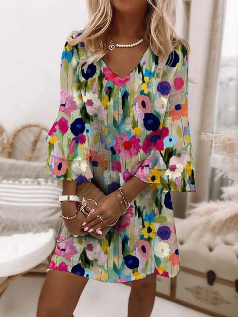 Colorful Floral V-Neck 3/4 Sleeve Mini Dress for Women