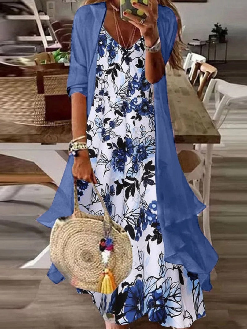 Women's Floral Maxi Dress with Sheer Layered Cardigan