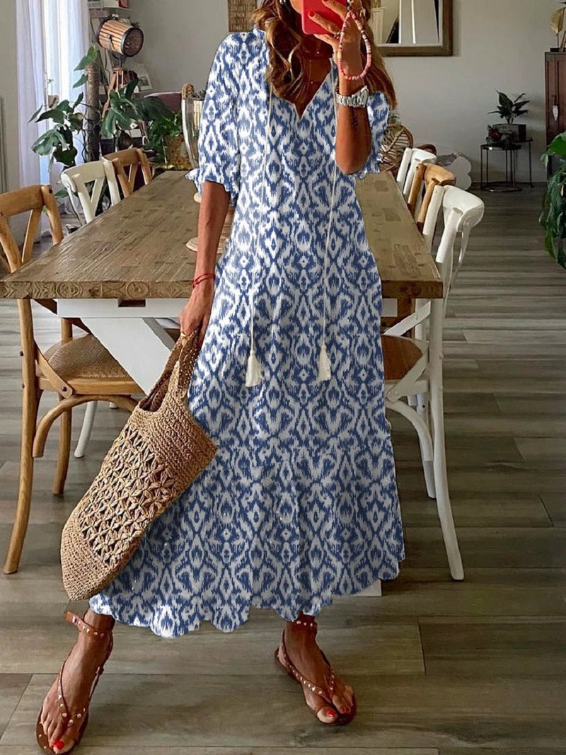 Blue Ikat Print Relaxed V-Neck Vacation Maxi Dress for Women