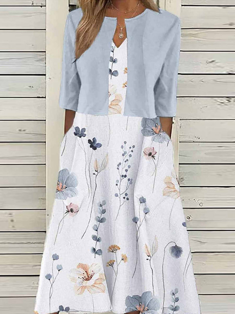 Floral Two-Piece Midi Dress with Half Sleeve Jacket for Women
