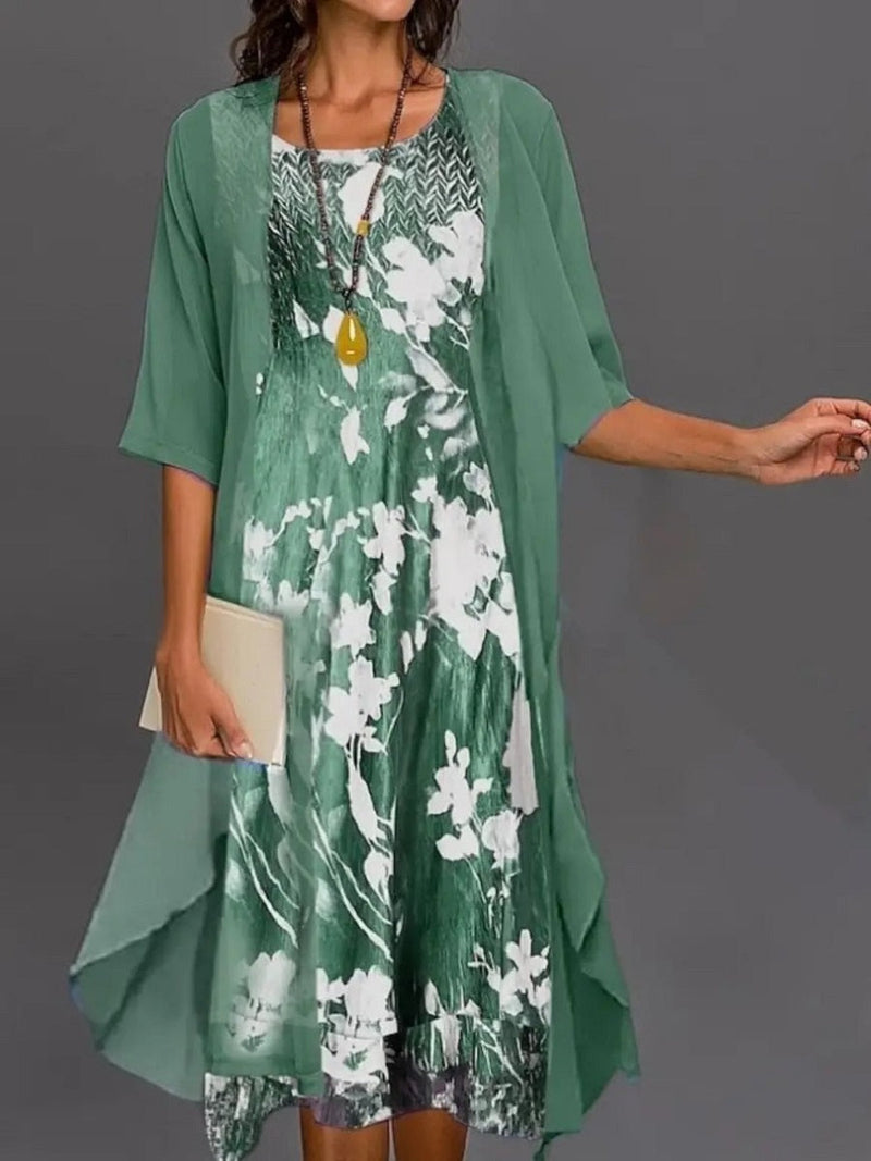 Green Floral Layered Midi Dress with Chiffon Front-Open Cardigan