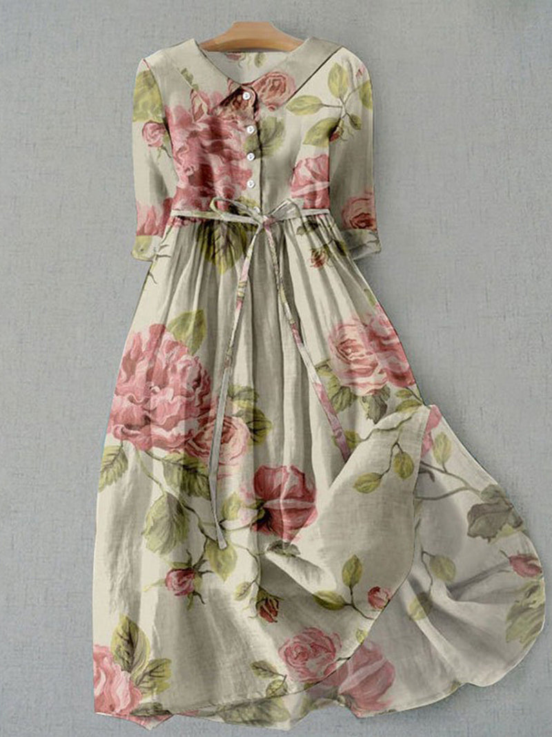 Vintage Floral Front-Button Tie Waist Maxi Dress for Women