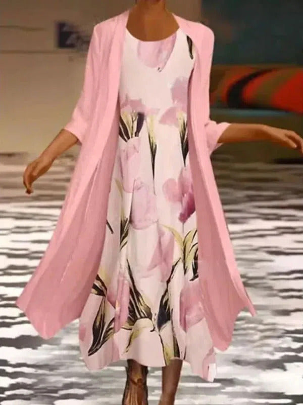 Floral Midi Dress Set: Sleeveless Dress & Light Cardigan for Women