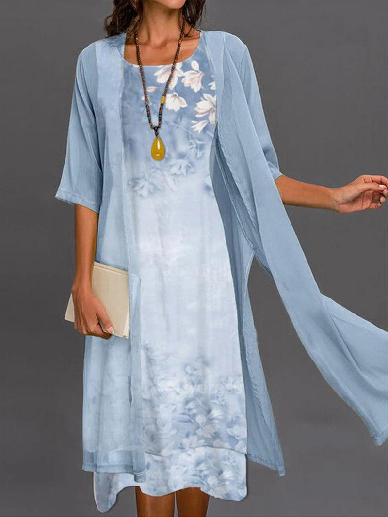Floral Print Midi Dress with Sheer Long Cardigan Set for Women
