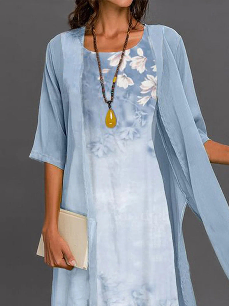 Floral Print Midi Dress with Sheer Long Cardigan Set for Women