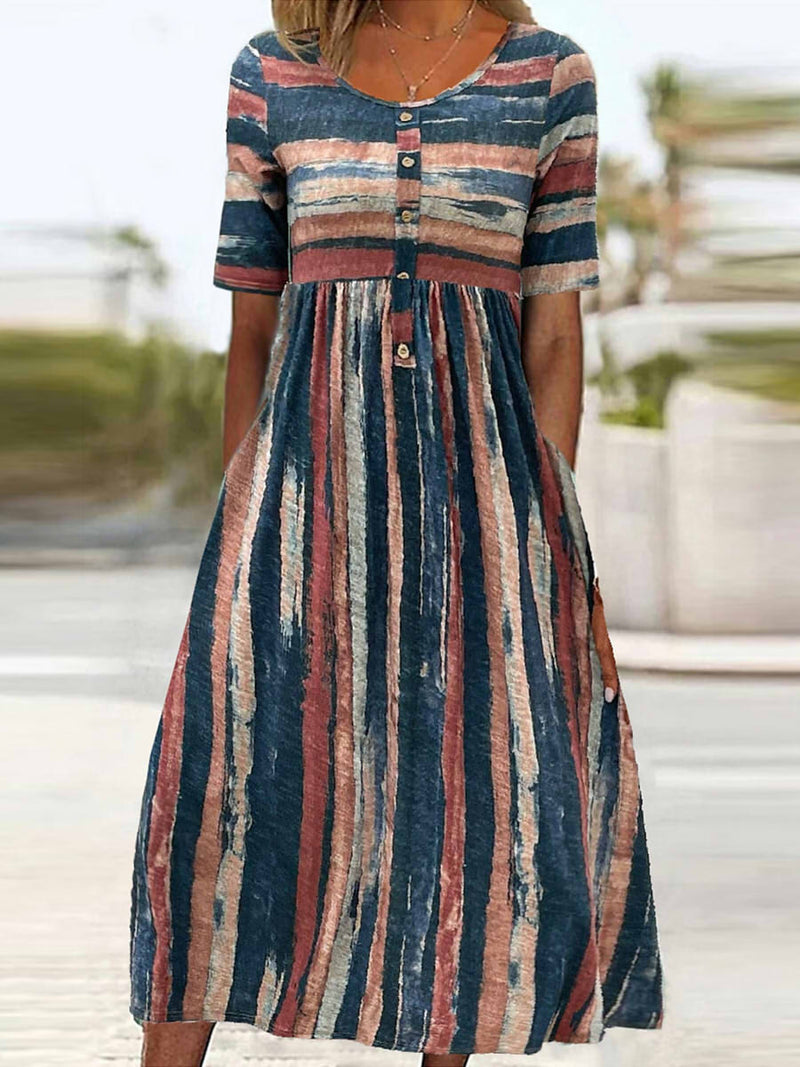 Striped Front-Button Short Sleeve Relaxed Midi Dress for Women