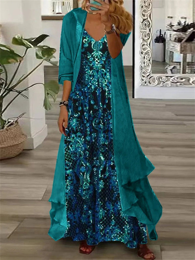 Sleeveless Printed Maxi Dress with Front-Open Cardigan Set for Women