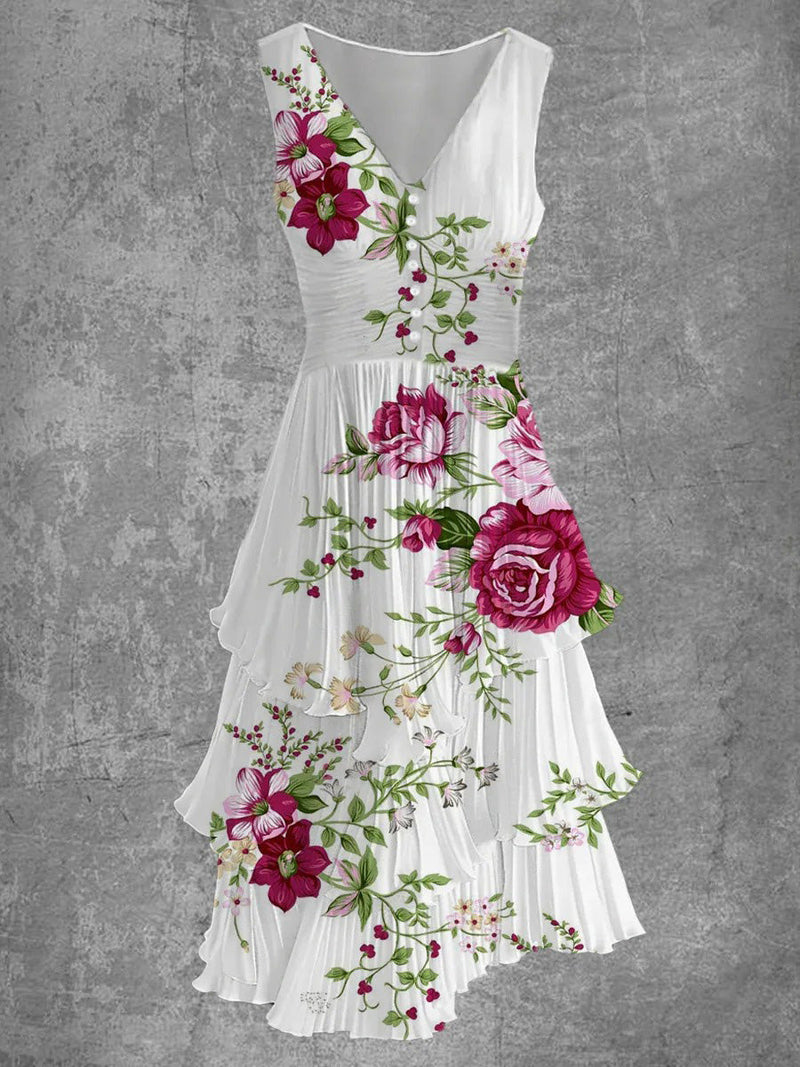 Floral Ruffled V-Neck Sleeveless Pleated Midi Dress for Women