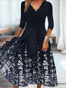 Scalloped V-Neck 3/4 Sleeve Floral Print Midi Dress for Women