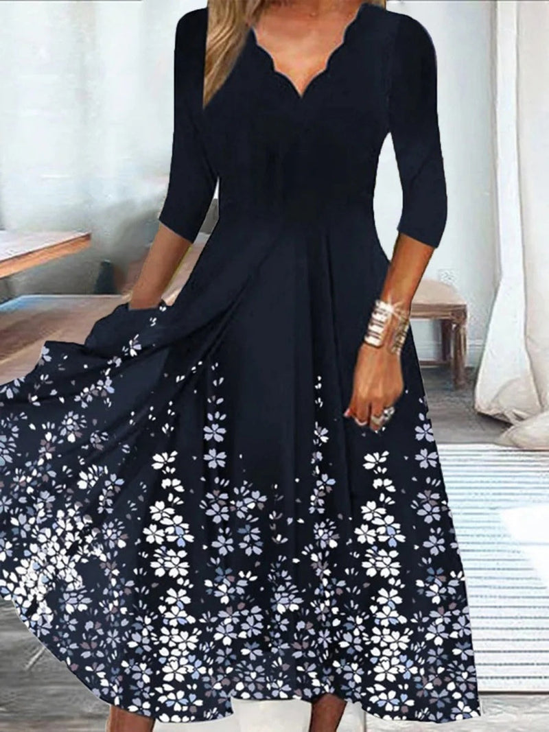 Scalloped V-Neck 3/4 Sleeve Floral Print Midi Dress for Women