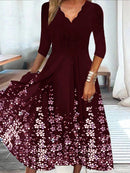 Scalloped V-Neck 3/4 Sleeve Floral Print Midi Dress for Women