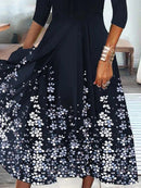 Scalloped V-Neck 3/4 Sleeve Floral Print Midi Dress for Women