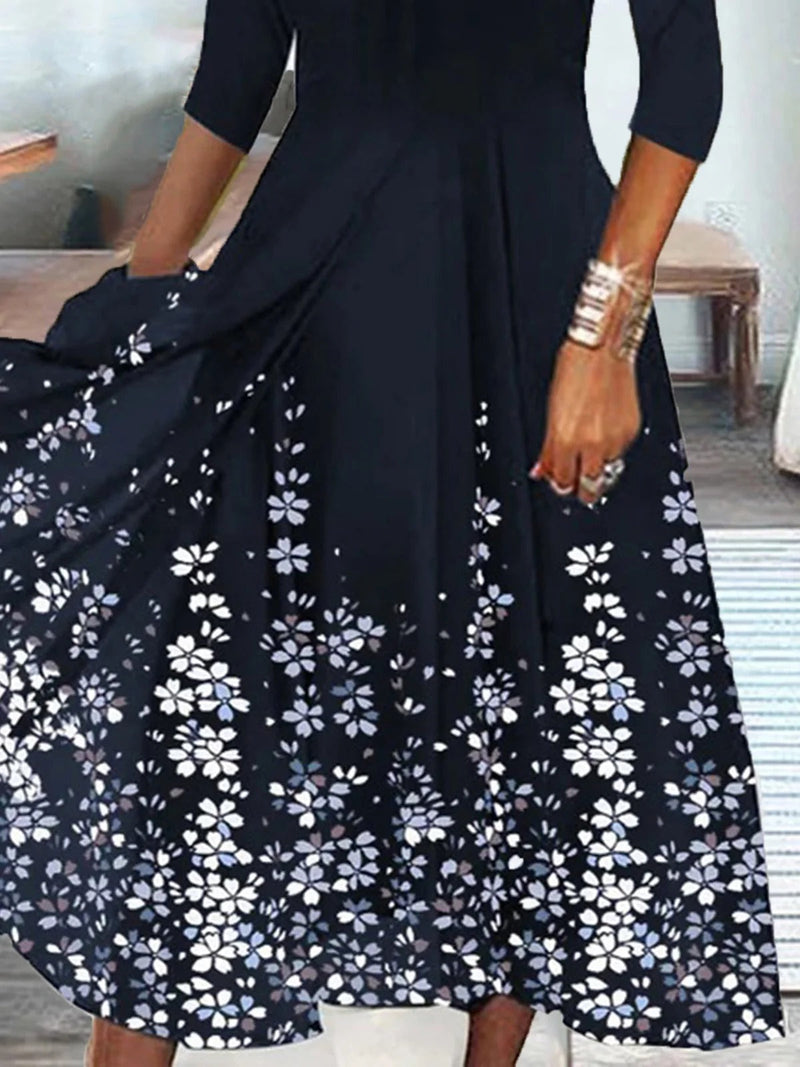 Scalloped V-Neck 3/4 Sleeve Floral Print Midi Dress for Women